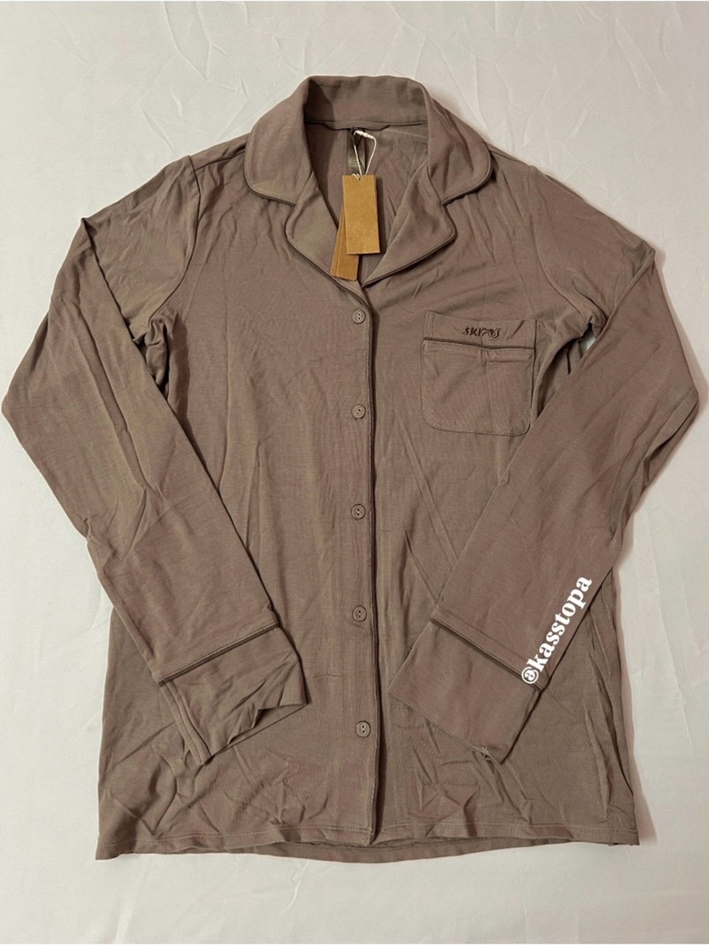 SKIMS Sleep Button Up Shirt Top + Straight Leg Pants Pant Set Brown Fossil - Picture 2 of 3